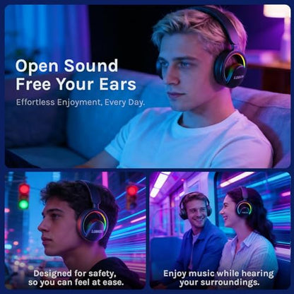 LOBKIN Open Ear Headphones, Bluetooth 6.0 Wireless Headset with Detachable Mic, Adjustable RGB Lights, Voice Assistant Comfortable Breathable Safe Lightweight Over Ear Headphones for Working Gaming