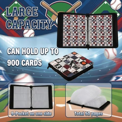 Trading Card Binder 9 Pocket, Black White Baseball Card Binder Holds 900 Cards with 50 Removable Sleeves, Waterproof PU Leather with Zipper Card Collector Album Book Compatible with TCG Cards - color: Black White Baseball