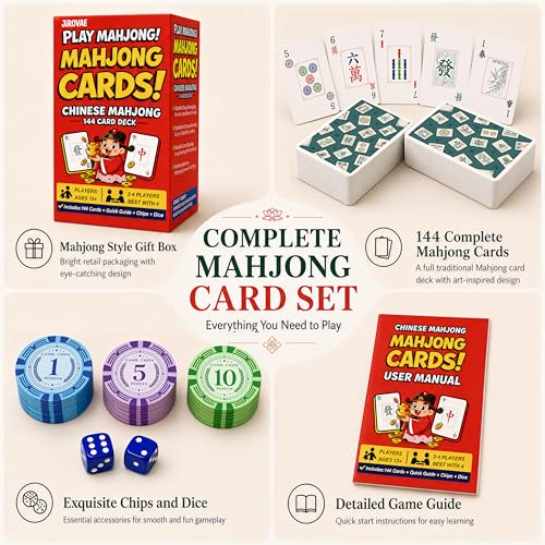 Chinese Mahjong Tile Set: Mahjong Playing Cards,144 Mahjong Cards, Portable Deluxe Set with Dice,Chips &Game Guide, Easier Than Traditional Tiles,Fun for Any Occasion.