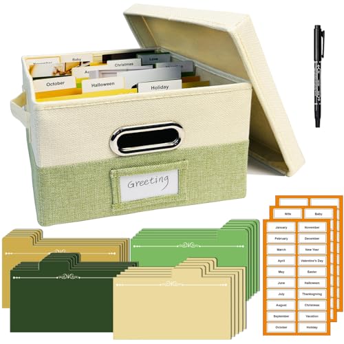 Greeting Card Organizer Box, Card Storage Box with 20 Removable Dividers & 84 Labels, Foldable Storage Box with Lids for Photos, Postcards, Graduation Card, Birthday Cards Holder Sewing(Beige & Green) - color: Beige&Green