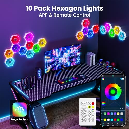 10 Pack Hexagon Led Lights, 90mm Smart Hexagon, Smart App RGB Gaming Led Light, with Remote Control & Music Sync Honeycomb Shape Hexagon Wall Lights for Bedroom, Living Room Wall - size: 10 mirrored designs