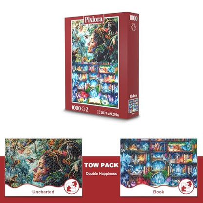 Puzzles for Adults 1000 Pieces, 2 Pack Fantasy Jigsaw Puzzles, Magic Book Theme, 2000 piece Puzzle Challenging Puzzles for Game Night, Ideal Gift for Adults - style: Uncharyed&Book