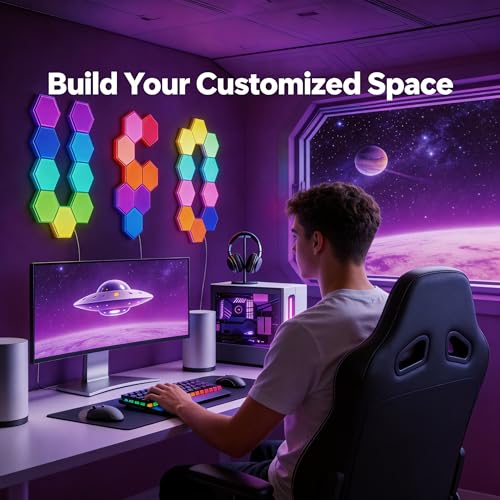 TISOFU Big Hexagon Lights LED Wall Panels, 8 Pack RGB Gaming Lights Works with Google Assistant & Alexa, APP/Music Sync & Remote, DIY Smart Modular Hexagonal Honeycomb Glide Hex Tiles Panel