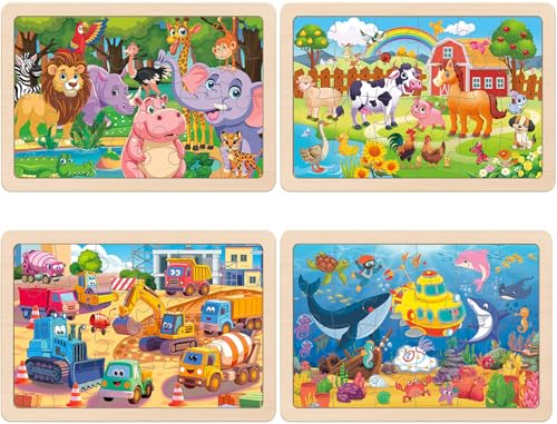 Wooden Puzzles for Kids Ages 4-6, 4 Packs 24 PCs Jigsaw Puzzles Preschool Educational Toys Gifts for Children Ages 3-8, Kids Puzzle for 3+ Year Olds Boys Girls