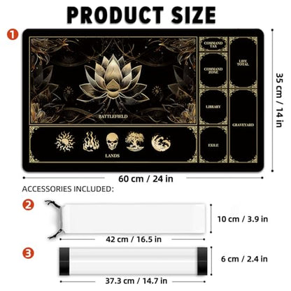 MTG Playmat with Play Zones – Magic Play mat Card Game Mat for Magic The Gathering, Lotus & Basic Lands Design, 24x14 inch, Stitched Edge, Non-Slip Base with Prismatic Playmat Tube-Gold Lotus - color: Zone 1-gold Lotus