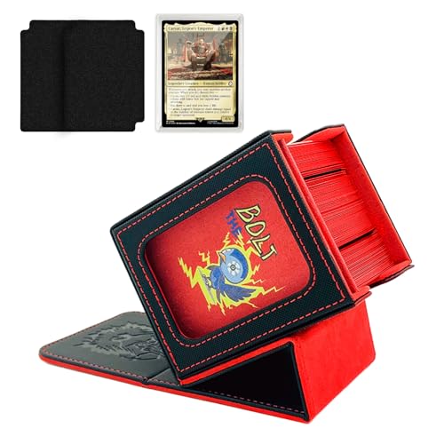 MTG Deck Box with Commander Display,Magnetic Card Storage Box Fits 100 Double Sleeved Cards,with 2 Dividers And 1 Mini Snap Card Holder Black/Red - color: Black/Red