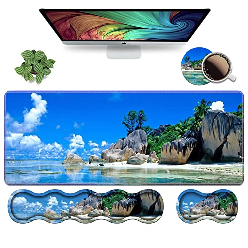 Ergonomic Keyboard Wrist Rest & Mouse Pad Wrist Rest Set, Large XXL Gaming Desk Mat 31.5"x 11.8",Non-Slip Base, Memory Foam,Easy Typing Pain Relief for Office & Home, Beaches Scene France Seychelles - color: Beaches Scene France Seychelles