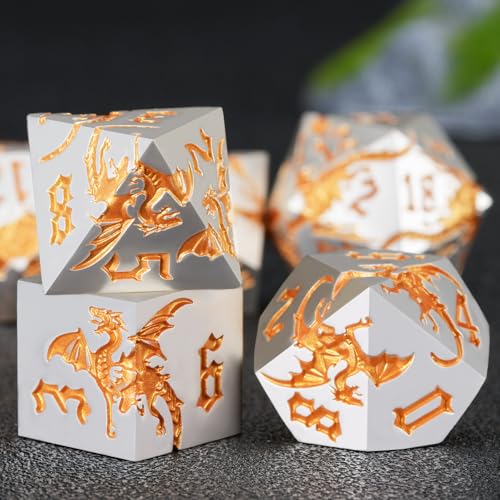 Metal D&D Dragon Dice Set,Metallic DND Polyhedral Dice for Dungeons and Dragons RPG TTRPG D&D 7-Die Set with Gift Case Pearl Silver Gold - color: Pearl Silver Gold