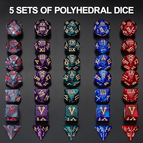 QMay 5 Sets Polyhedral Dice - 5 X 7 (35 Pieces) DND Dice with 5 Drawstring Bags, Roman Number Pattern D4 D6 D8 D10 D% D12 D20, Great for Dungeons and Dragons, RPG, MTG,Role Playing Table Games - color: 5 Sets-35pcs