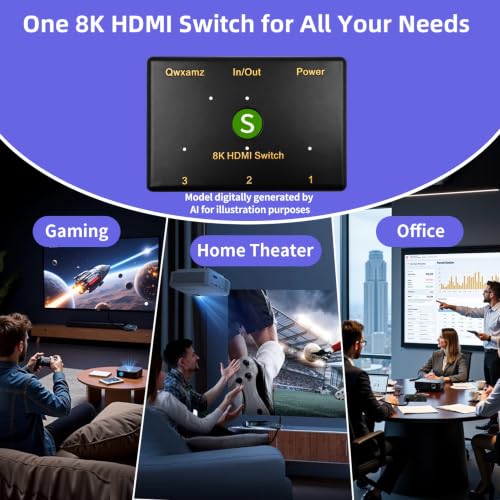 HDMI 2.1 Switch 3 in 1 Out 8K@60Hz, 4K@120Hz HDMI Switcher Wireless Remote | Power By HDMI Cable, Gaming Console, Streaming Device, Home Theater, Projector, Slim Dimension, Long Remote Distances