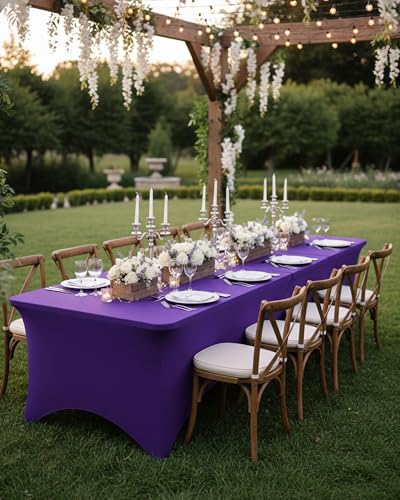 Fixwal Purple Stretch Table Cloth Rectangle 2 Pack 6Ft, Spandex Fitted Table Covers Washable for Party, Trade Show, Banquet, Wedding, Buffet - color: Purple, size: 6 Ft
