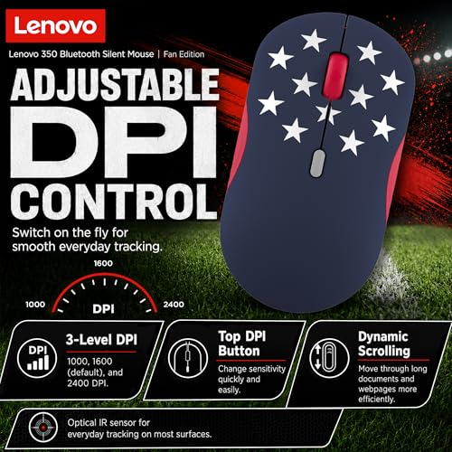 Lenovo 350 Bluetooth Silent Mouse (Fan Edition), Wireless Ergonomic Ambidextrous Design, Bluetooth 5.3, Adjustable DPI up to 2400, 36 Month Battery Life, Recycled Materials, USA Flag - color: USA Flag