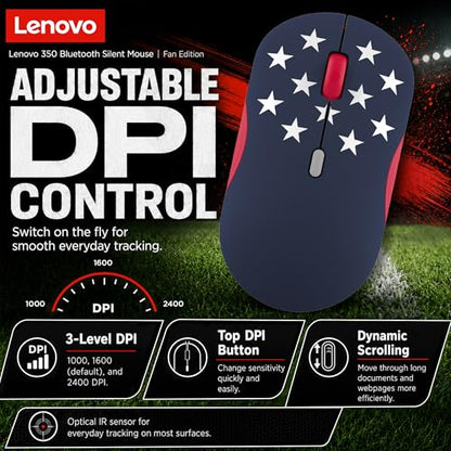 Lenovo 350 Bluetooth Silent Mouse (Fan Edition), Wireless Ergonomic Ambidextrous Design, Bluetooth 5.3, Adjustable DPI up to 2400, 36 Month Battery Life, Recycled Materials, USA Flag - color: USA Flag