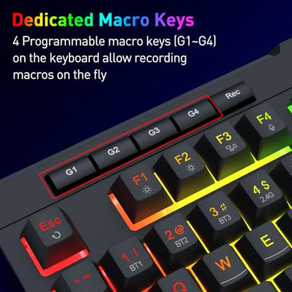 Redragon K525 PRO RGB 3-Mode Wireless Membrane Gaming Keyboard with Multimedia Keys, Linear Mechanical-Feel Switch, 4 Extra On-Board Macro Keys, Dedicated Media Control, Ergonomic Wrist Rest - color: Black, size: 104 Keys Lite Wireless