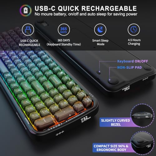 FOPETT Wireless Computer Keyboard with RGB Backlit, Tri-Mode Bluetooth 5.0/USB-C/2.4GHz Ergonomic Gaming Keyboard - Full-Size Rechargeable Transparent Keycap for Laptop/Windows/PC - Black - color: 732 Black