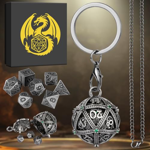 Mini DND Dice Set with Spherical Hollow D20 Metal Case Portable Keychain Necklace, Tiny 7pcs Polyhedral D&D Dice Set, DND Gifts with Gift Box, D&D Accessories for RPG（Green Diamond, Silver） - color: Dark Silver