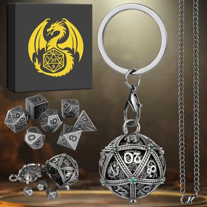 Mini DND Dice Set with Spherical Hollow D20 Metal Case Portable Keychain Necklace, Tiny 7pcs Polyhedral D&D Dice Set, DND Gifts with Gift Box, D&D Accessories for RPG（Green Diamond, Silver） - color: Dark Silver