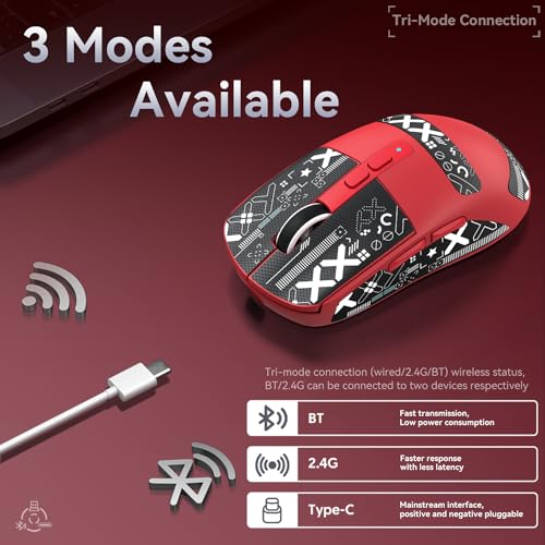ATTACK SHARK X6 Lightweight Wireless Gaming Mouse with RGB Backlight Charging Base,Tri-Mode Wired/2.4GHz/BT5.2,26K DPI, PAW3395 Optical Sensor,HUANO Switch,5programmable Buttons,PC/Mac(Red+Sticker) - color: Red, size: Mouse with Anti-slip sticker