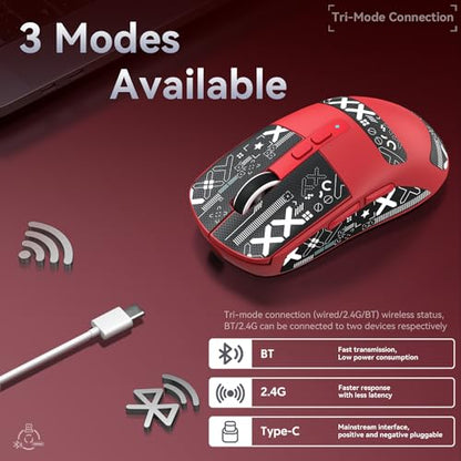 ATTACK SHARK X6 Lightweight Wireless Gaming Mouse with RGB Backlight Charging Base,Tri-Mode Wired/2.4GHz/BT5.2,26K DPI, PAW3395 Optical Sensor,HUANO Switch,5programmable Buttons,PC/Mac(Red+Sticker) - color: Red, size: Mouse with Anti-slip sticker