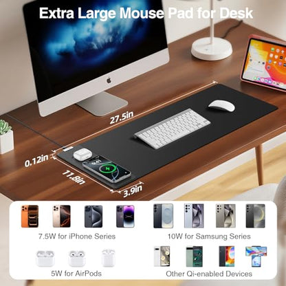 Magnetic Wireless Charging Mouse Pad, 27.5"x11.8", with 20W Adapter, Black | Gaming Desk Mat with Superior Stitched Edges, Non-Slip Base, Waterproof Smooth Desk Writing Pad for Gamer, Office & Home - color: Black-27.5"x11.8"(with Wall Charger)