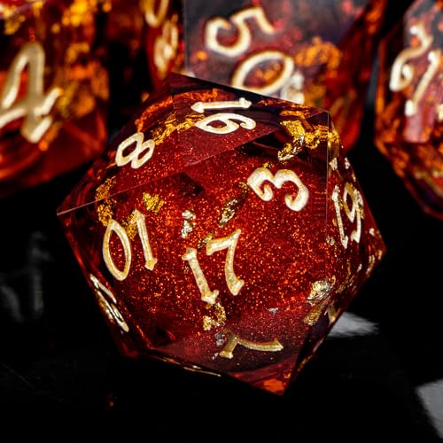 ARUOHHA Liquid Core DND Dice Set, 7pcs Resin Sharp Edged Dragons Dice Compatible with D&D Role Playing Games, RPG Golden Numbers Red Dungeons Polyhedral Dice with Gift Box, D and D Dice Set D20 D10 D6 - color: Golden Red