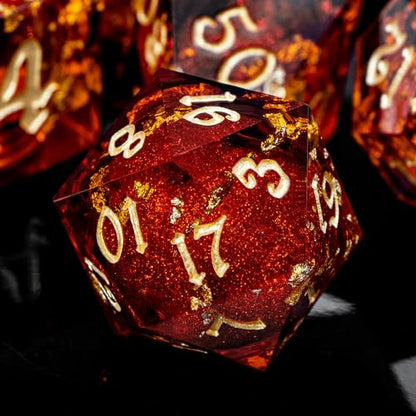 ARUOHHA Liquid Core DND Dice Set, 7pcs Resin Sharp Edged Dragons Dice Compatible with D&D Role Playing Games, RPG Golden Numbers Red Dungeons Polyhedral Dice with Gift Box, D and D Dice Set D20 D10 D6 - color: Golden Red