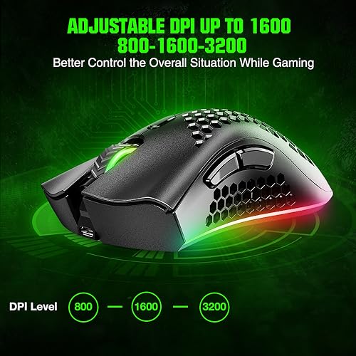 WolfLawS KM-1 RGB Wireless Gaming Mouse with Honeycomb Shell Computer Mouse | 2.4G USB Receiver, 6 Buttons, 3 Adjustable DPI, Rechargeable Ergonomic Mouse for PC Mac Laptop