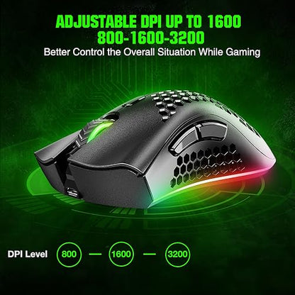 WolfLawS KM-1 RGB Wireless Gaming Mouse with Honeycomb Shell Computer Mouse | 2.4G USB Receiver, 6 Buttons, 3 Adjustable DPI, Rechargeable Ergonomic Mouse for PC Mac Laptop