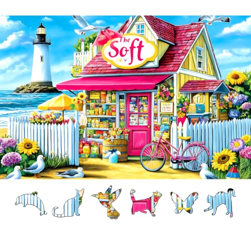500 Piece Puzzle for Adults, Jigsaw Puzzles of Summer Seaside Shop, Funny Puzzle, Perfectly Fitting Pieces, Home Decor Birthday Party Gift for Adults Seniors 23x15 Inches - color: Summer Seaside Shop