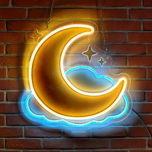LED Moon Star Neon Sign Light Up Cloud Lights Lighted Starry Sky Neon Signs with Base for Bedroom Dorm Hallway Garage Bar Gaming Room Man Girls Cave Tabletop Wall Decor Art Gifts - color: Moon Star