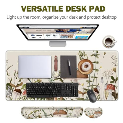 AIMSA Large Gaming Mouse Pad Set, Keyboard Wrist Rest Support+ Extended Mousepad+ Mouse Wrist Cushion+Coaster, Ergonomic Multifunctional Desk Mat 35x15.7in, Mushroom Plant Garden - color: Mushroom Plant Garden