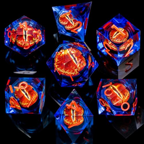 ARUOHHA DND Resin Dice Gazes Eye Dice Blue Red Liquid Core Flaming RPG Sharp Edged Dice Set with Gift Box, Polyhedral D and D Dice Set Compatible with Dungeons Dragons Role Playing Game D20 D6 - color: Sl01-blue Red