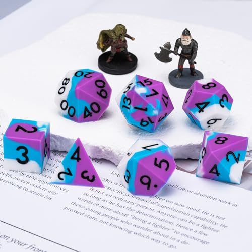 Silicone DND Dice,Polyhedral D&D Dice Set,Rubber Sharp Edges Soft Perfect Bouncer for Dungeons and Dragons, RPG, MTG (D4, D6, D8, D10, D12, D20, D%) for Ages 15 and Up - color: Blue Purple White