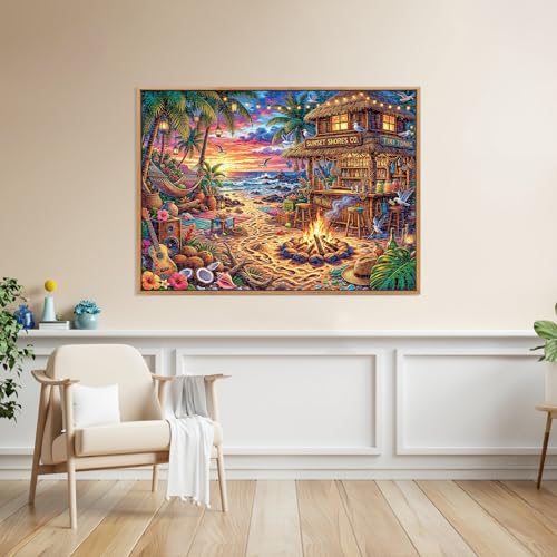1000 Piece Beach Puzzles for Adults | Seaside Bar Puzzles for Adults 1000 Pieces, Vacation Jigsaw Puzzle, Impossible Hard Fun Challenging Beach Bar Adult Puzzles - color: Sunset Beach