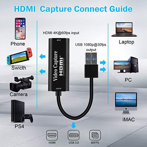 Capture Card,1080p Capture USB 3.0 Adapter,HDMI Video Capture Device, HD 4K Audio Video Capture Card for Gaming, Teaching, Streaming, Compatible with Windows 7 8 10 Linux YouTube OBS Twitch