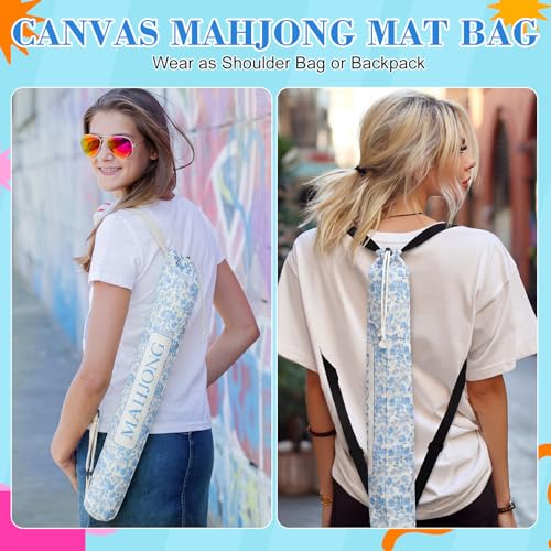 34 Inch Long Mahjong Mat Bag Cute Double Strapped Canvas Drawstring Mahjong Holder Lightweight Outdoor Carrying Bag for Board Games Travel Storage-Mat Not Include(Light Blue,Paisley,1 Pc) - color: Light Blue, style: Chinoiserie