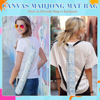34 Inch Long Mahjong Mat Bag Cute Double Strapped Canvas Drawstring Mahjong Holder Lightweight Outdoor Carrying Bag for Board Games Travel Storage-Mat Not Include(Light Blue,Paisley,1 Pc) - color: Light Blue, style: Chinoiserie