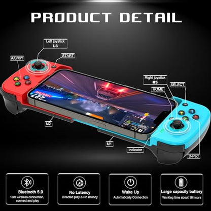 arVin Wireless Gamepad Controller for iPhone iOS Android PC with Back Button, Mobile Gaming Controller for iPhone 15/14/13/12/11, iPad, MacBook, Samsung Galaxy S23/S22/S21, TCL, Tablet, CODM, Genshin - color: Blue&Red