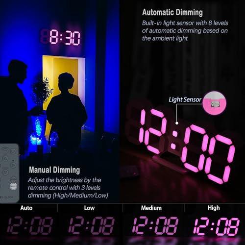 KOSUMOSU Pink LED Clock 3D Wall Clock 9.7" Table Clock for Living Room Modern Digital Clock for Bedroom Aesthetic Bedside Desk Clock with Remote/Dimming/12/24H/Temp/Alarm Clock/Date - color: 9.7in Pink Clock-pink Light