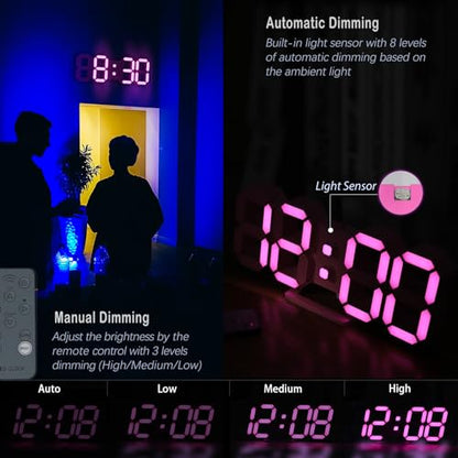 KOSUMOSU Pink LED Clock 3D Wall Clock 9.7" Table Clock for Living Room Modern Digital Clock for Bedroom Aesthetic Bedside Desk Clock with Remote/Dimming/12/24H/Temp/Alarm Clock/Date - color: 9.7in Pink Clock-pink Light