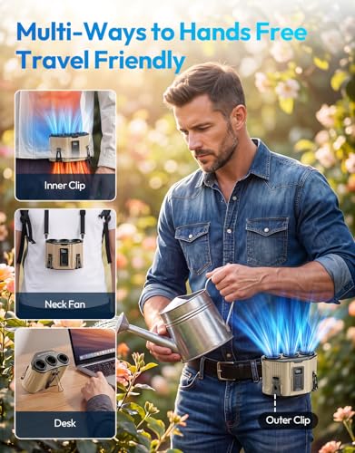 Portable Waist Fan with 3 Turbo Fans, 12000mAh Rechargeable Wearable Belt Fan, Shirt Fan Strong Airflow Fast Cooling, Hands Free Clip Fan for Outdoor Jobsite Construction Farm, Khaki - color: Brown