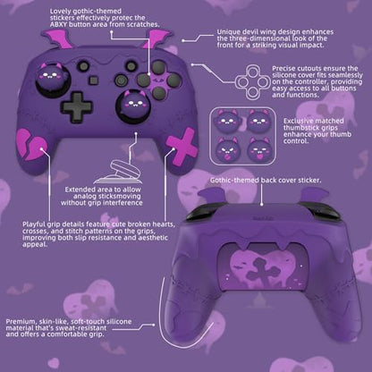 PlayVital Gothic Imp Series Cute Silicone Case for Nintendo Switch Pro Controller with 4 Thumb Grip & 2 Sticker, Non-Slip Anti-Scratch Protective Silicone Skin Cover - Purple - color: Purple