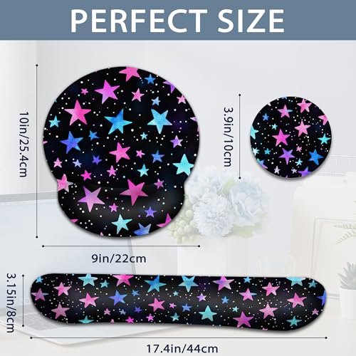 Wrist Rest Mouse Pad and Keyboard Support Set,Pink Stars 3 in 1 Ergonomic Memory Foam Mousepad with Non Slip Base, Gaming Mouse Pad for Office and Home - color: Pink Stars