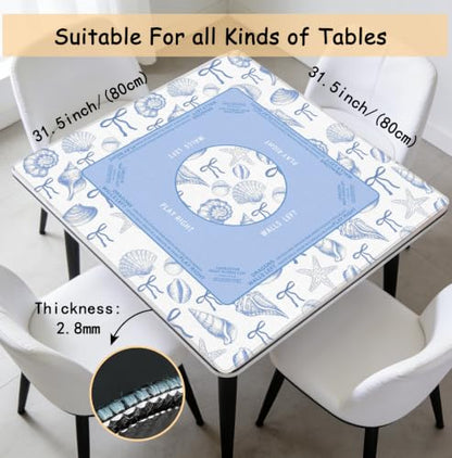 Blue Bow Coastal Beach Mahjong Mat 31.5 x 31.5 Inch, Nautical Starfish Conch Non-Slip Noise Reduction Mahjong Table Mat for American Mah Jong Poker Card Board Games Dominoes - color: Blue Bow Coastal