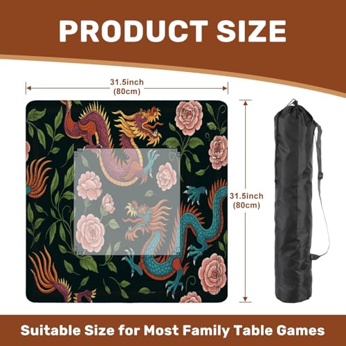Mahjong Mat 31.5" x 31.5" Embroidery Chinese Dragons Flowers Peonies Seamless Classical Asian Non-Slip Noise Reduction Mahjong Tiles Table Cover for Dominoes Poker Card Board and Tile Games