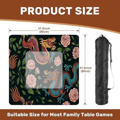 Mahjong Mat 31.5" x 31.5" Embroidery Chinese Dragons Flowers Peonies Seamless Classical Asian Non-Slip Noise Reduction Mahjong Tiles Table Cover for Dominoes Poker Card Board and Tile Games