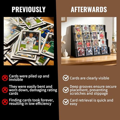 4-Tier Wooden Trading Card Display Stand, 15.3"x6.3"x12.6" Large Capacity Display Case with Deep Slots, Black Finished Wood Card Holder for Card Collection, Game Cards & Memorabilia