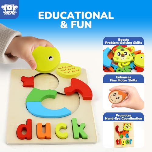 TOY Life Toddler Puzzles Ages 2-4, 6 Animals with Spelling Wooden Puzzles for Toddlers 3-5, Montessori Toys Gifts for 1 2 3 Years Old Boys Girls, Birthday Gifts Educational Learning Toys for Kids - style: Animals with Spelling 6PCS