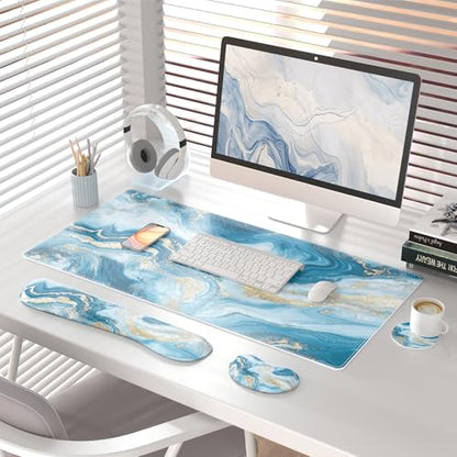 QIYI PU Leather Desk Mat Set, 4-in-1 Ergonomic Wrist Rest, Blue Fluid Art | Waterproof Large Mouse Pad 31.5×15.7 + Keyboard Wrist Rest + Mouse Wrist Support+Coaster, Non-Slip Office Gaming Accessories - color: Blue Fluid Art