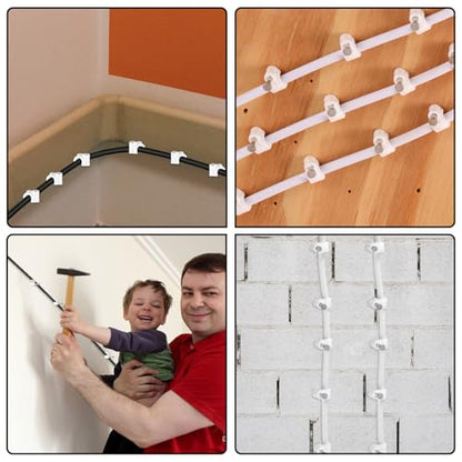 100 Pack Cable Clips with Steel Nails, 4mm White Round Wire Clips, Ethernet Coaxial Cable Clip Cord Clip for Wires on Wall Cables Management Organizer(Compatible with Wire Diameter ≤4mm)